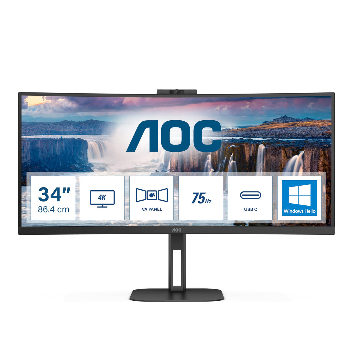AOC CU34V5CW/BK 34-inch Curved UW-QHD USB Hub Monitor, 100Hz, VA Panel, 4ms GtG, Webcam, FreeSync, height adjustable, speakers, (3440x1440 HDMI 1x 2.0 DP 1x 1.2) Black