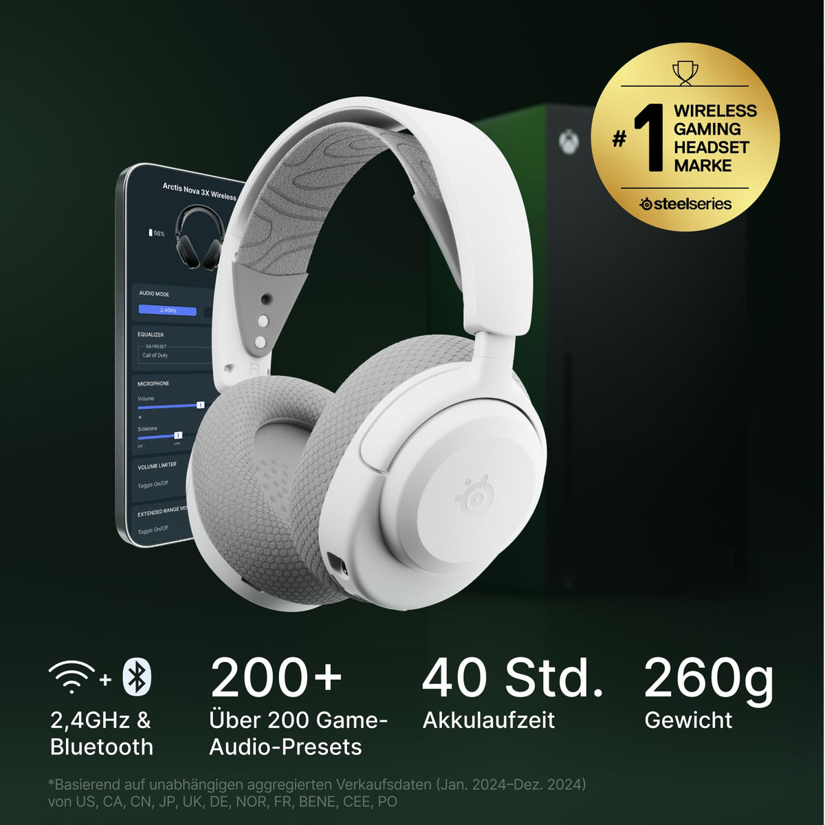 SteelSeries Arctis Nova 3X Wireless Xbox Headset - Wireless Gaming Headset - App Control - 40 Hours Battery Life & Fast Charging - 2.4 GHz/Bluetooth - Detachable Microphone - Compatible with Xbox, PC & More - White - 61690