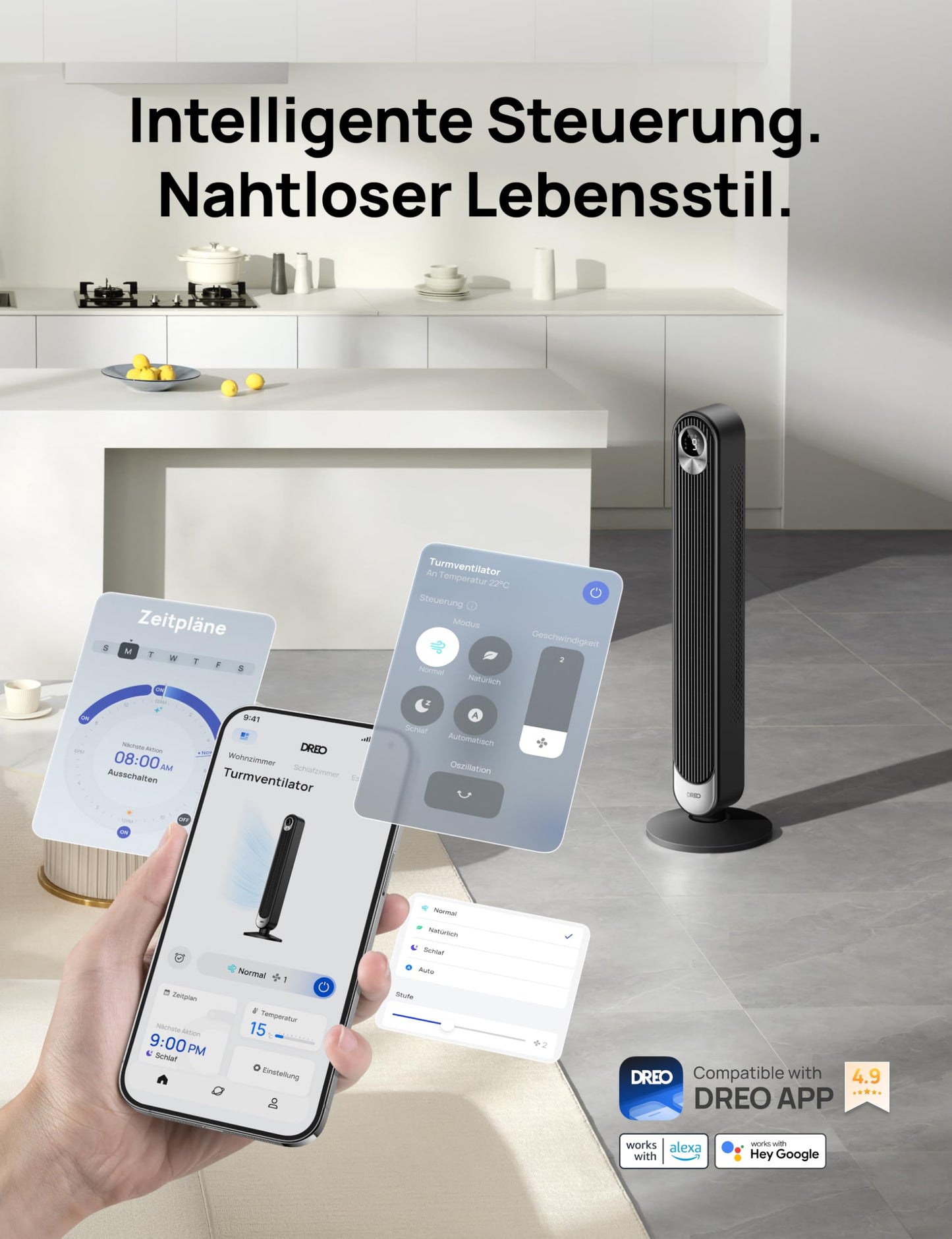 Dreo Smart 20dB DC Motor Tower Fan Quiet, 11M Wind Distance Fan with Remote Control, 9 Levels 4 Modes, 90° Oscillating Stand Fan with Voice Control for Bedroom, 12H Timer - DR-HTF018S