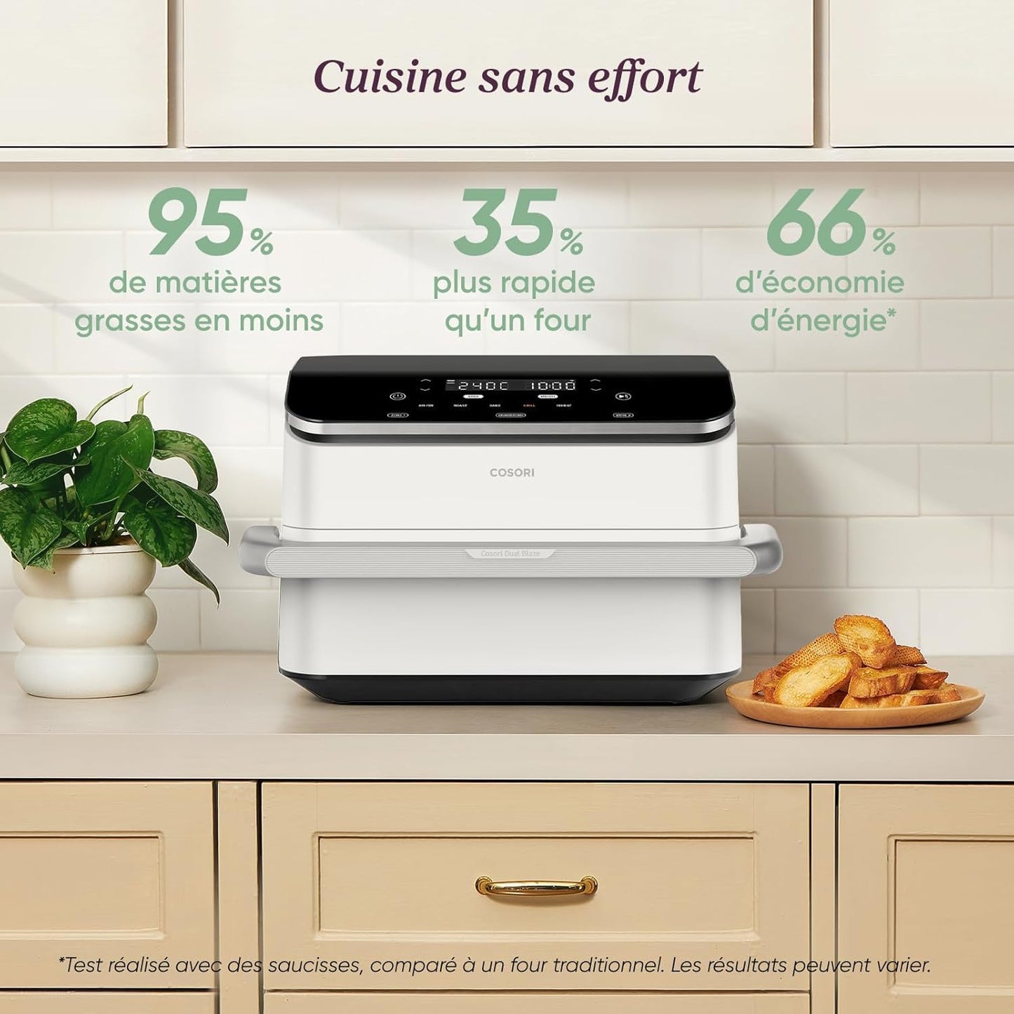 COSORI hot air fryer 2 chambers, Dual Blaze TwinFry 10L, with healthy ceramic non-stick coating, 4 heating tubes and flexible chambers, even heat distribution, up to 240°C, cream white - CAF-TF102S-AEU