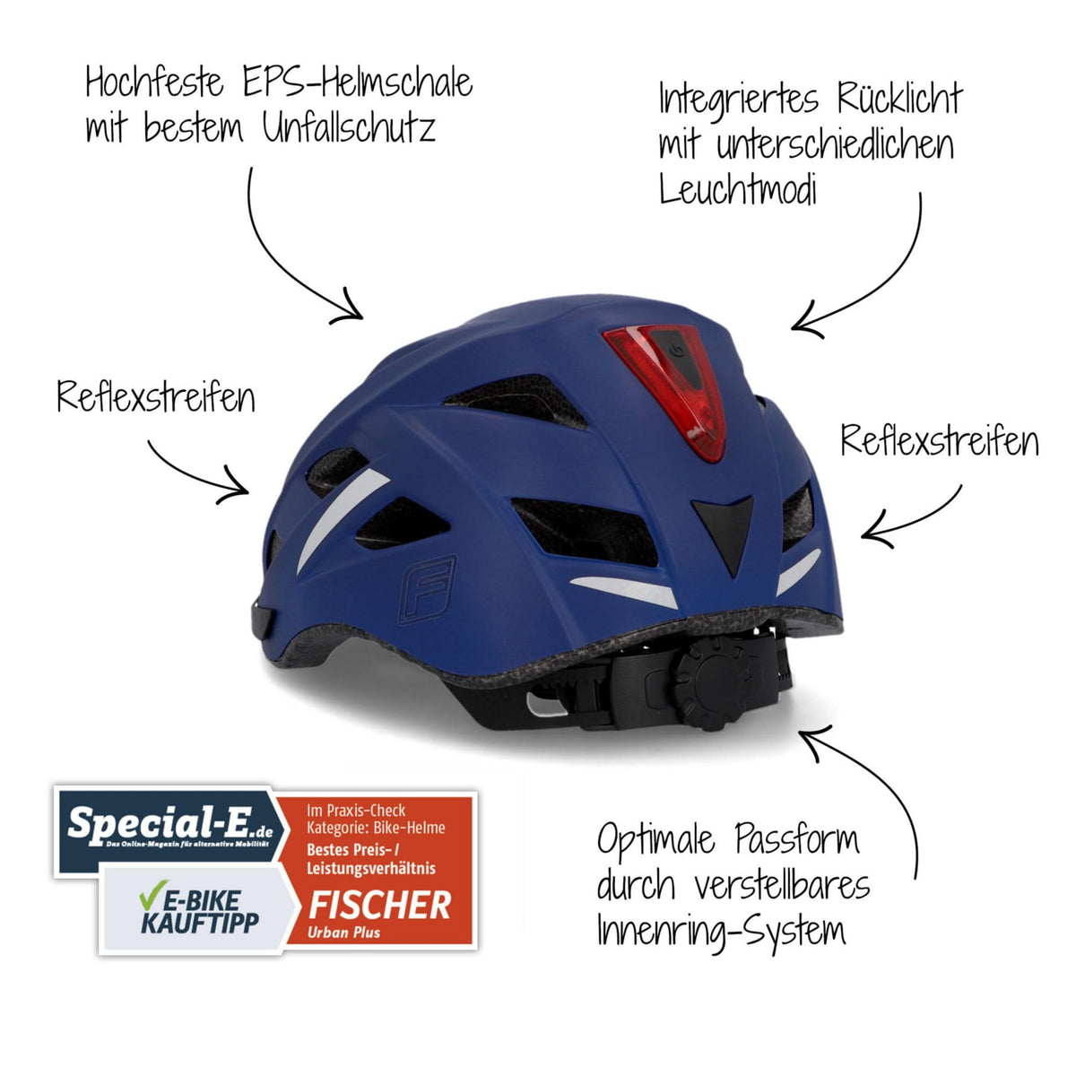 Cască de bicicletă Fischer pentru adulți, cască de ciclism, cască de oraș Urban Plus Boston, L/XL, 58-61cm, albastru, cu lumină spate LED integrată - 50632