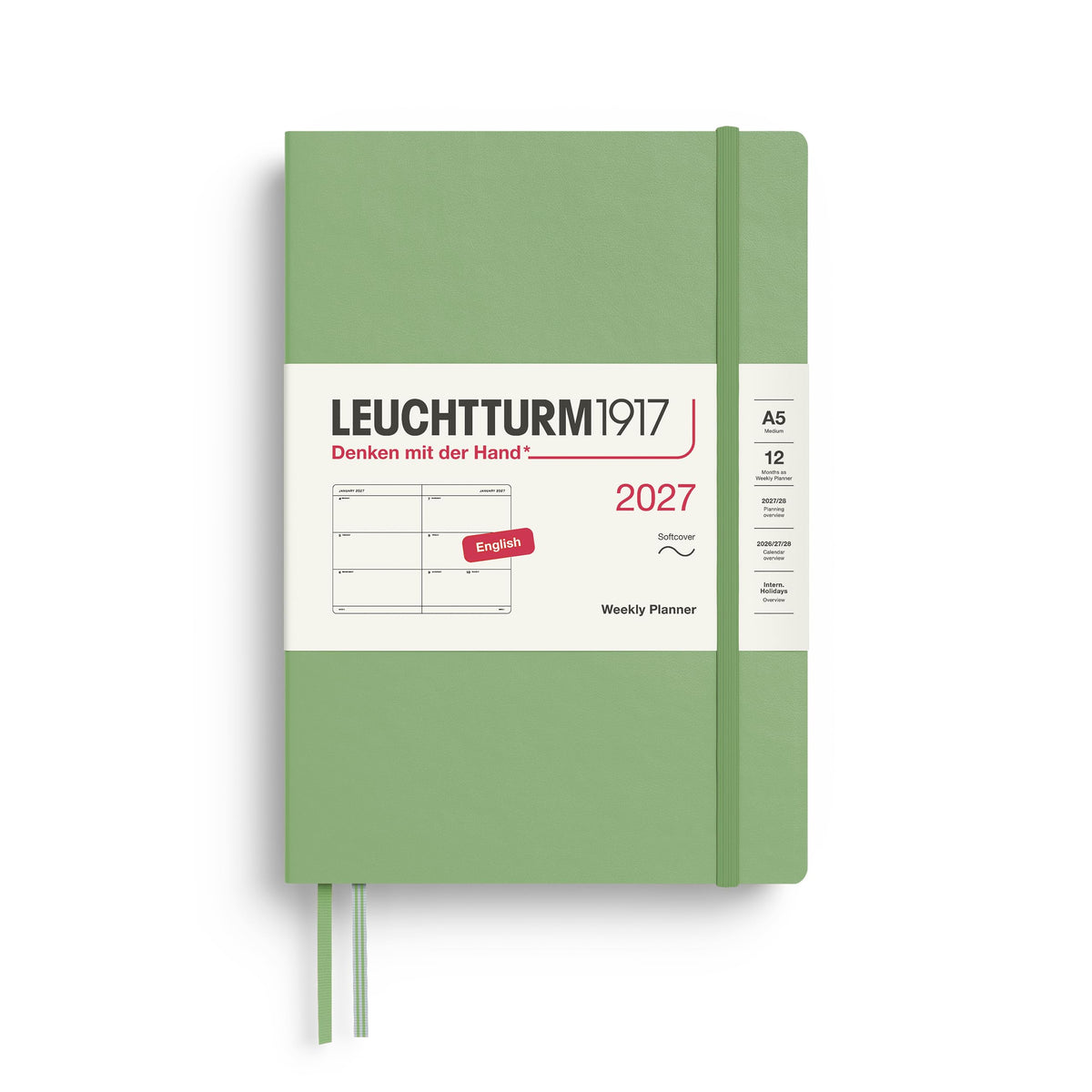LEUCHTTURM1917 Calendar săptămânal 2027 Mediu (A5) - engleză, salvie, copertă moale, 145 x 210 mm, 12 luni - ianuarie-decembrie 2027, 1 săptămână pe pagină dublă, hârtie de 80 g/m² cu compatibilitate ridicată cu cerneală - 400297