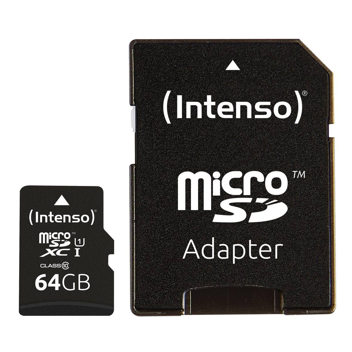 Intenso Premium microSD card 64 GB, pack of 3 with SD adapter, reading speed up to 90 MB/s, Class 10 UHS-I, memory card for smartphones - 3423593