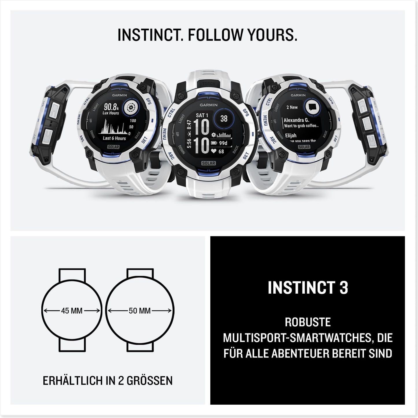 Garmin Instinct 3 45mm SOLAR - GPS multisport smartwatch, 0.9" display, up to 28 days battery life, 80+ sports apps, navigation function, smart features, LED flashlight, waterproof - 010-02934-03
