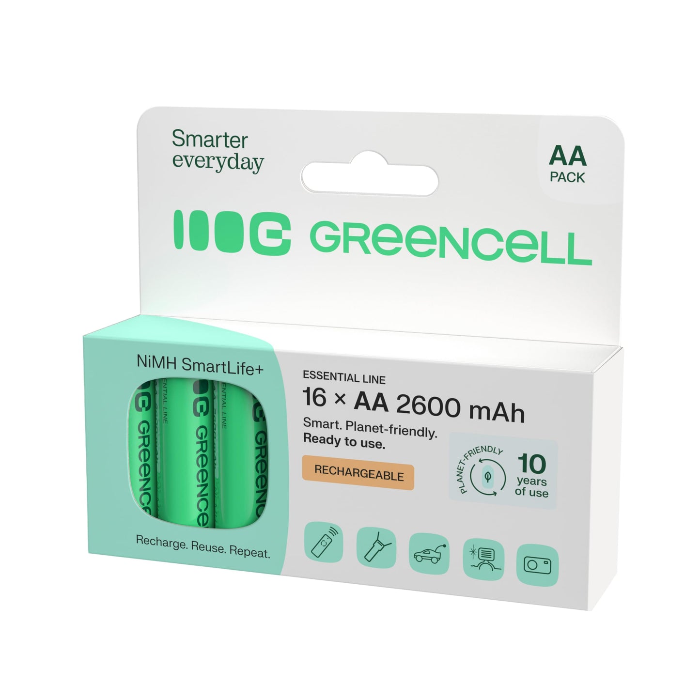 Green Cell battery 2600 mAh 1.2V, 16 pieces of batteries AA Mignon NI-MH rechargeable, ready for immediate use without memory effect, pre-charged, strong performance, low self-discharge, rechargeable battery - GR10