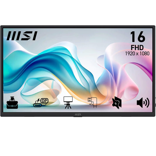 MSI PRO MP165A E6 15.6-Inch FHD Portable Monitor, 1920x1080 IPS, 60Hz, 4ms, Eye Care, Built-in Speaker/mic, HDMI 2.0b, USB C (15WPD), Vesa Mount, Black - 4711377390163