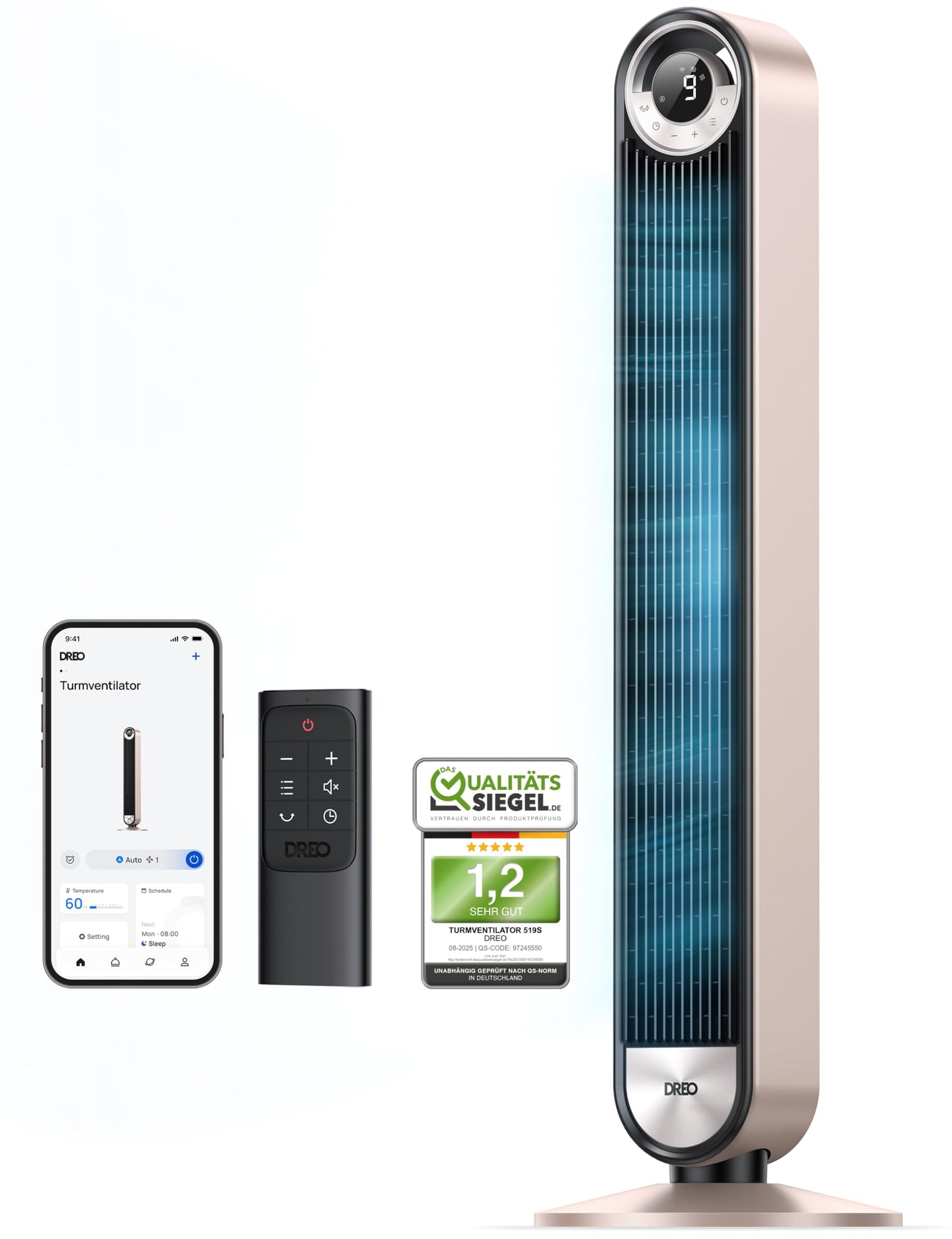 DREO 25dB Smart Quiet Tower Fan with Cooling, 106cm WiFi Alexa Tower Fan, 90° Oscillating Fan, Remote Control 9 Speed 4 Modes 12 Hour Timer Voice Control, Starlight - DR-HTF009S