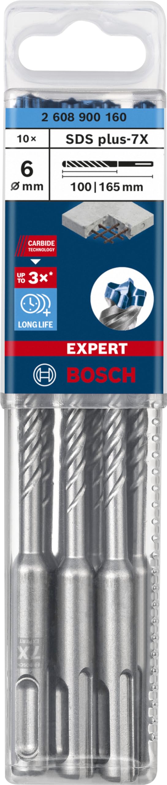 Bosch Professional 10x Expert SDS plus-7X Hammer Drill (for Reinforced Concrete, Ø 6.00x165 mm, Accessory for Hammer Drill) - 2608900160
