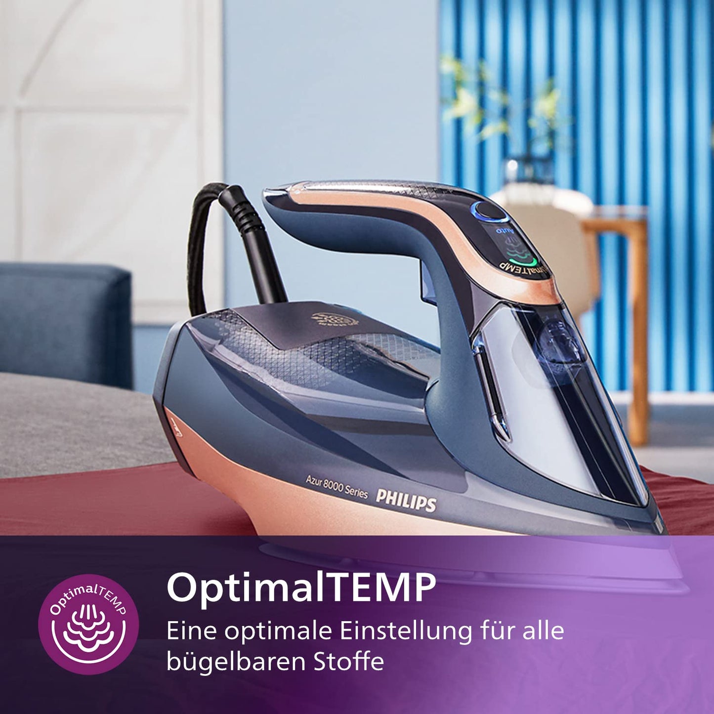 Philips Azur 8000 Series Steam Iron - 85 g/min continuous steam, 260 g turbo steam boost, 3000W, OptimalTEMP technology, SteamGlide Elite soleplate, dark blue (DST8050/20)