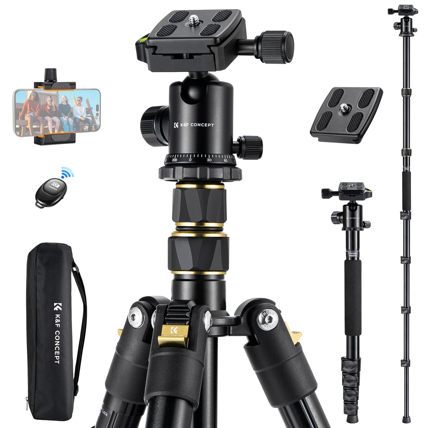 K&F CONCEPT camera tripod, 184cm mobile phone camera tripod, lightweight tripod with mobile phone holder and remote shutter release, portable photo tripod for camera and smartphone, aluminum tripod with 2 quick-release plates - TM2324