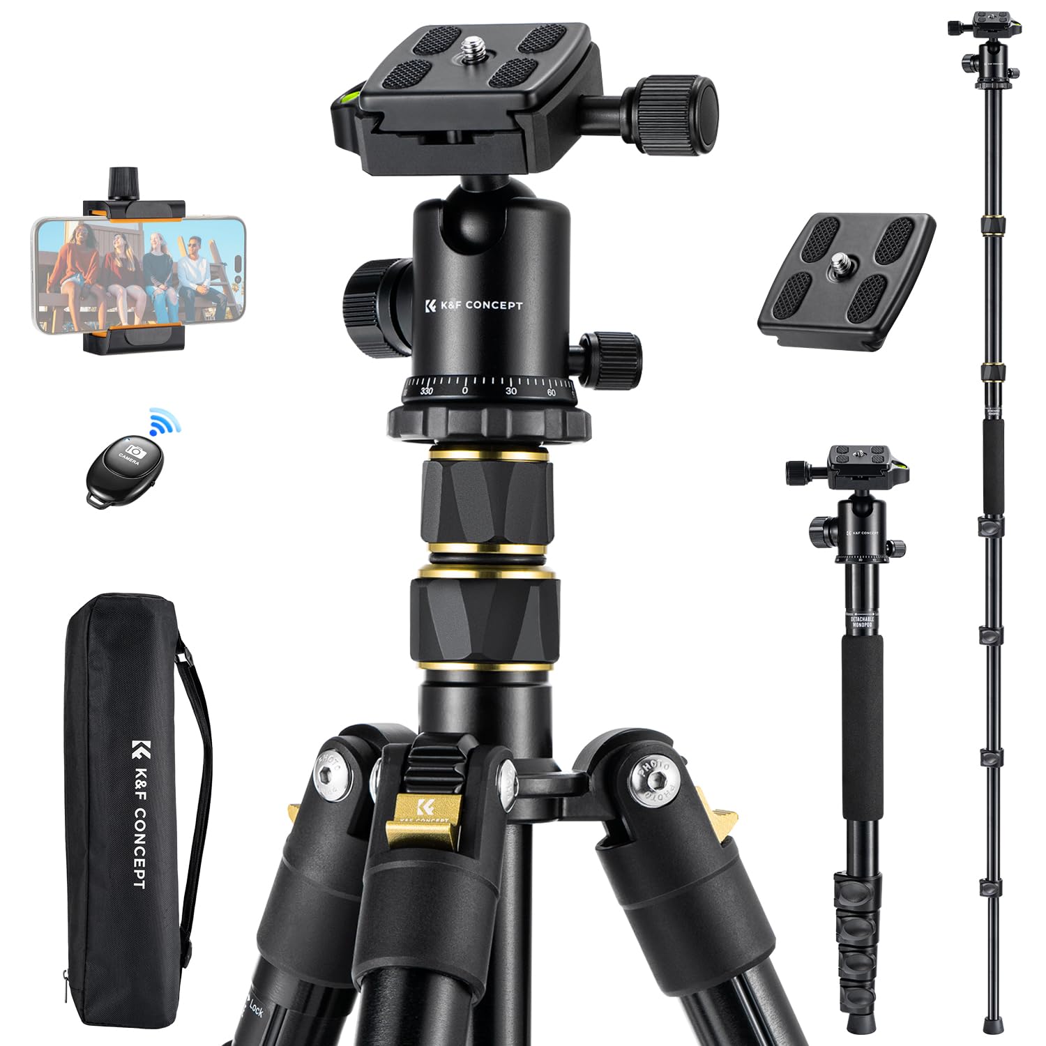 K&F CONCEPT camera tripod, 184cm mobile phone camera tripod, lightweight tripod with mobile phone holder and remote shutter release, portable photo tripod for camera and smartphone, aluminum tripod with 2 quick-release plates - TM2324