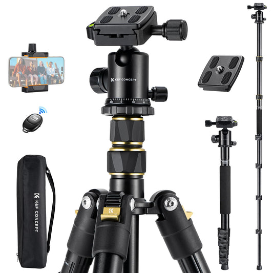 K&F CONCEPT camera tripod, 184cm mobile phone camera tripod, lightweight tripod with mobile phone holder and remote shutter release, portable photo tripod for camera and smartphone, aluminum tripod with 2 quick-release plates - TM2324
