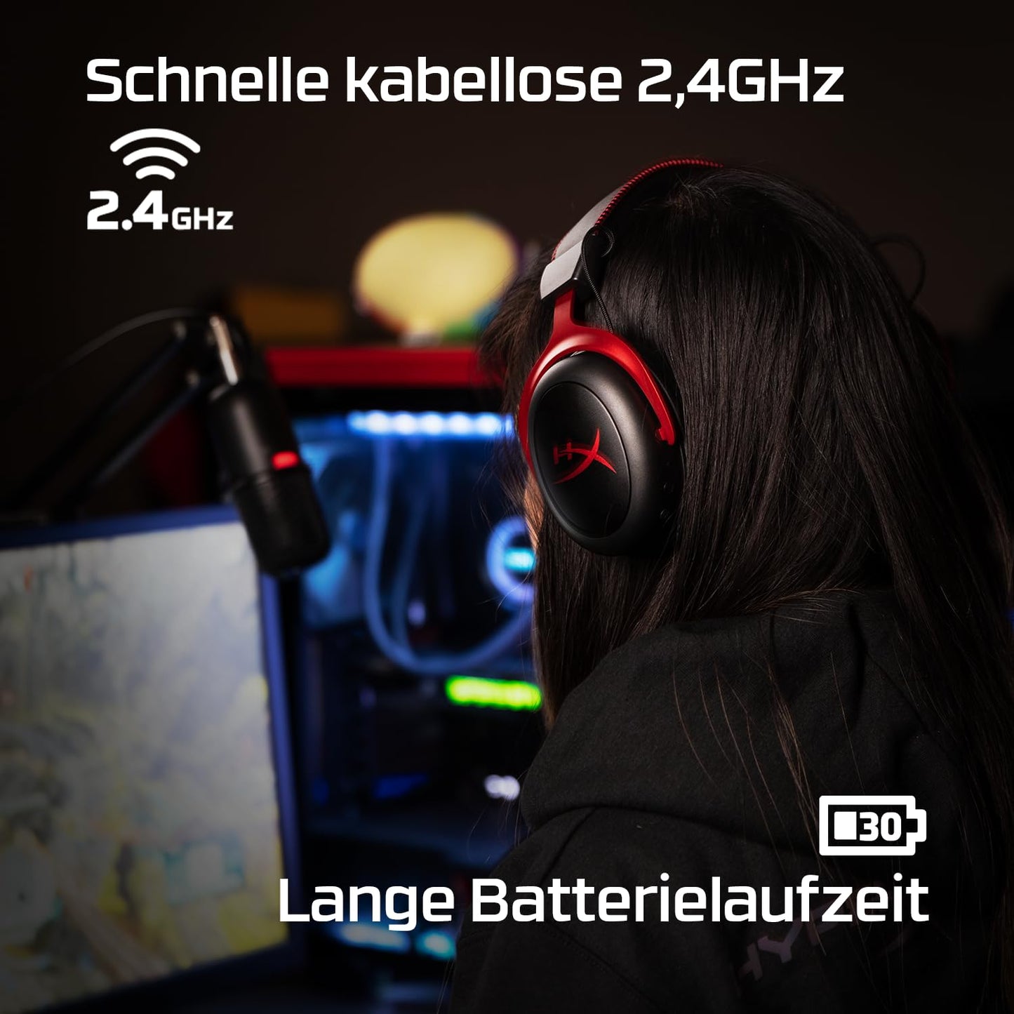 HyperX Cloud II Wireless Gaming Headset, 2.4GHz, 30h Battery, 20m Range, DTS Headphone Spatial Audio, 53mm Driver, HyperX Comfort, Detachable Microphone, Black-Red - HHSC2X-BA-RD/G