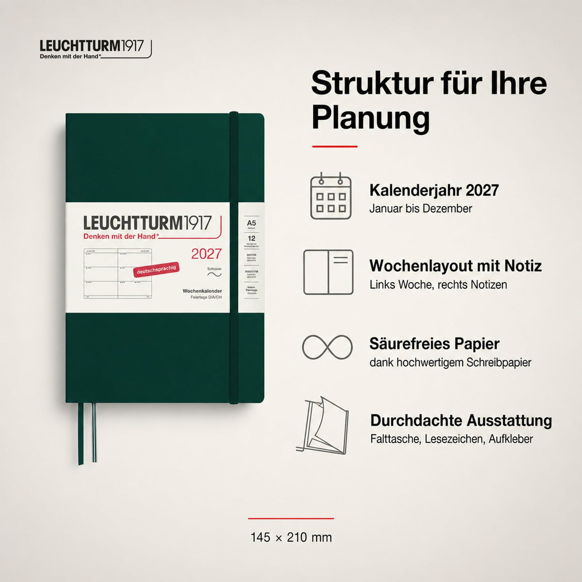 LEUCHTTURM1917 Calendar săptămânal 2027 mediu (A5) - germană, verde pădure, copertă moale, 12 luni - ianuarie-decembrie 2027, 1 săptămână pe pagină dublă, hârtie de 80 g/m² cu compatibilitate ridicată cu cerneală - 400131