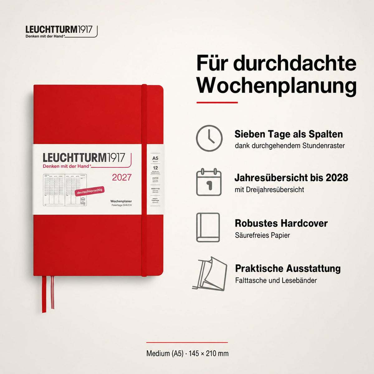 LEUCHTTURM1917 Weekly Planner 2027 Medium (A5) - German, Cherry, 210 x 145 mm, January-December (12 months), weekly overview with hourly grid 7:00-22:00 per column, hardcover, 80 g/m² paper - 400147