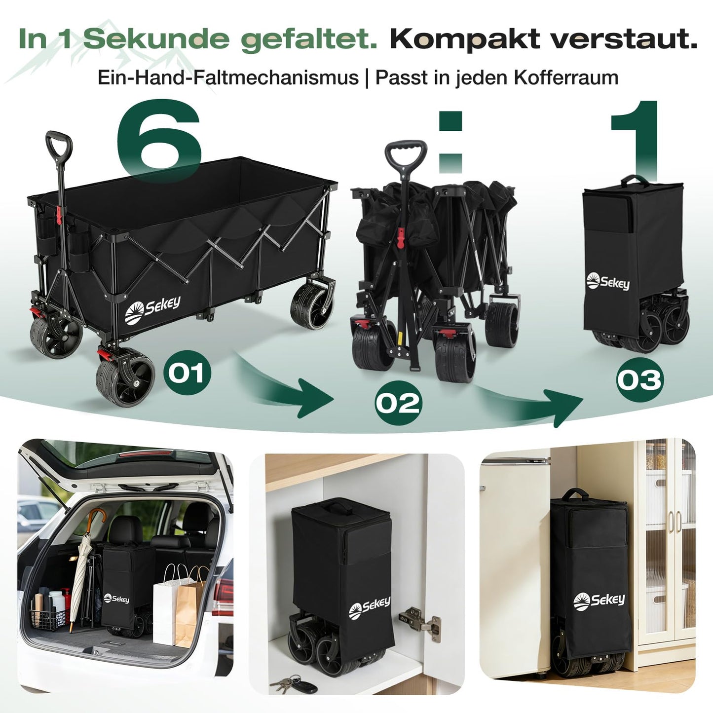 Sekey XXXL Handcart Foldable 300L 200KG Heavy Duty, Extended Folding Handcart with Extra Width 17x10 cm All-Terrain Wheels Handcart, Patented 4-Way Instant Assembly Transport Cart, Black - 4013