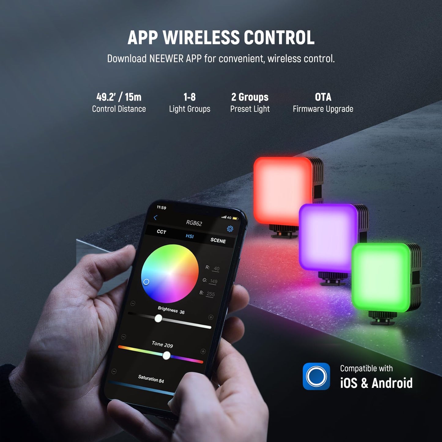 NEEWER Magnetic RGB camera video light, table tripod, 3 cold shoes, APP control CRI97+ 2500-8500K 17 scenes 2000mAh rechargeable photography recording small LED panel lighting RGB62