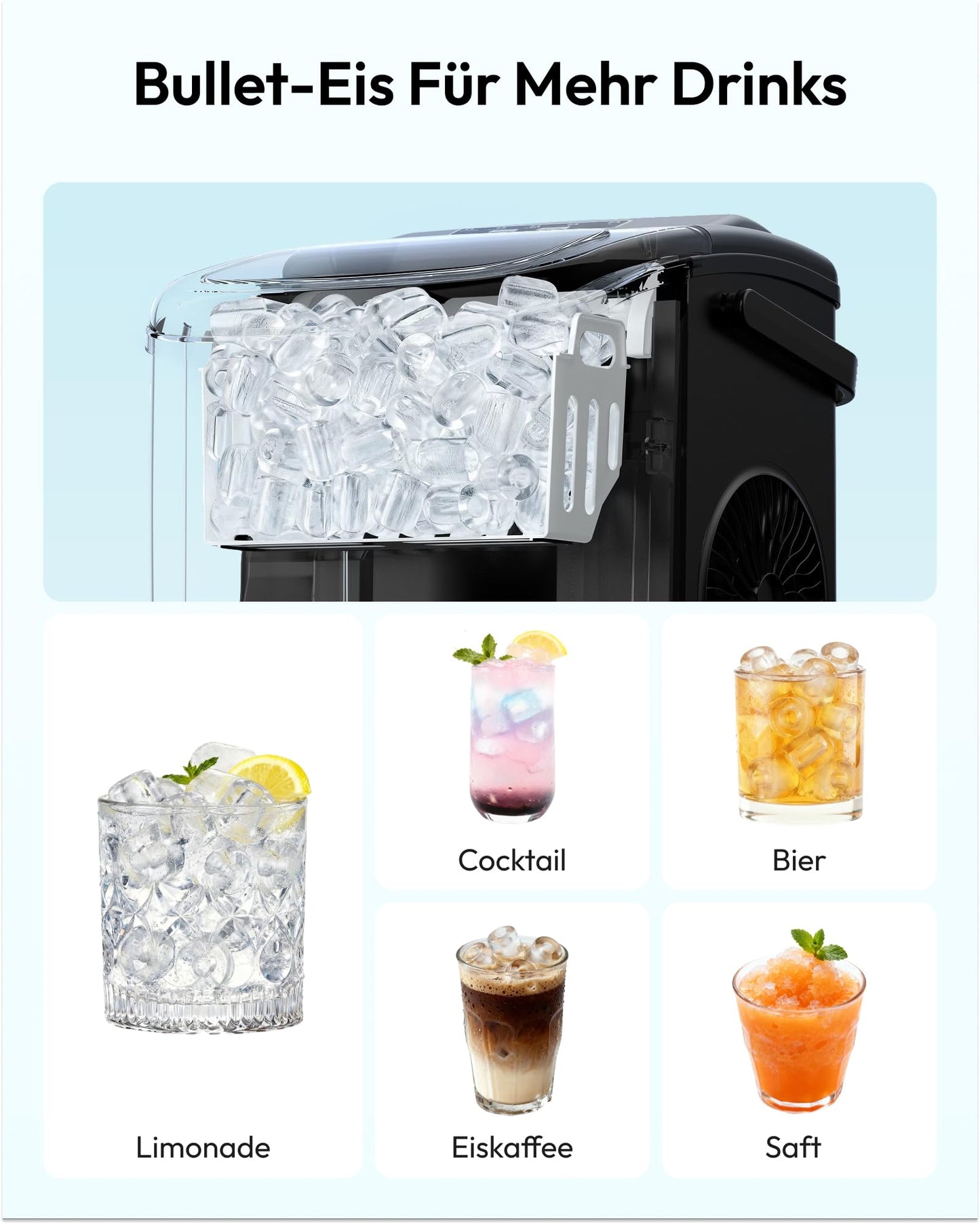 EUHOMY Small Ice Cube Machine, 12KG Ice Cube Maker, 9 Cubes Ready in 6 Minutes, Black Ice Cube Machine with Portable Handle, 12KG/24H, Self-Cleaning Ice Cube Machine - DE-IM06D-02-AZ-HM