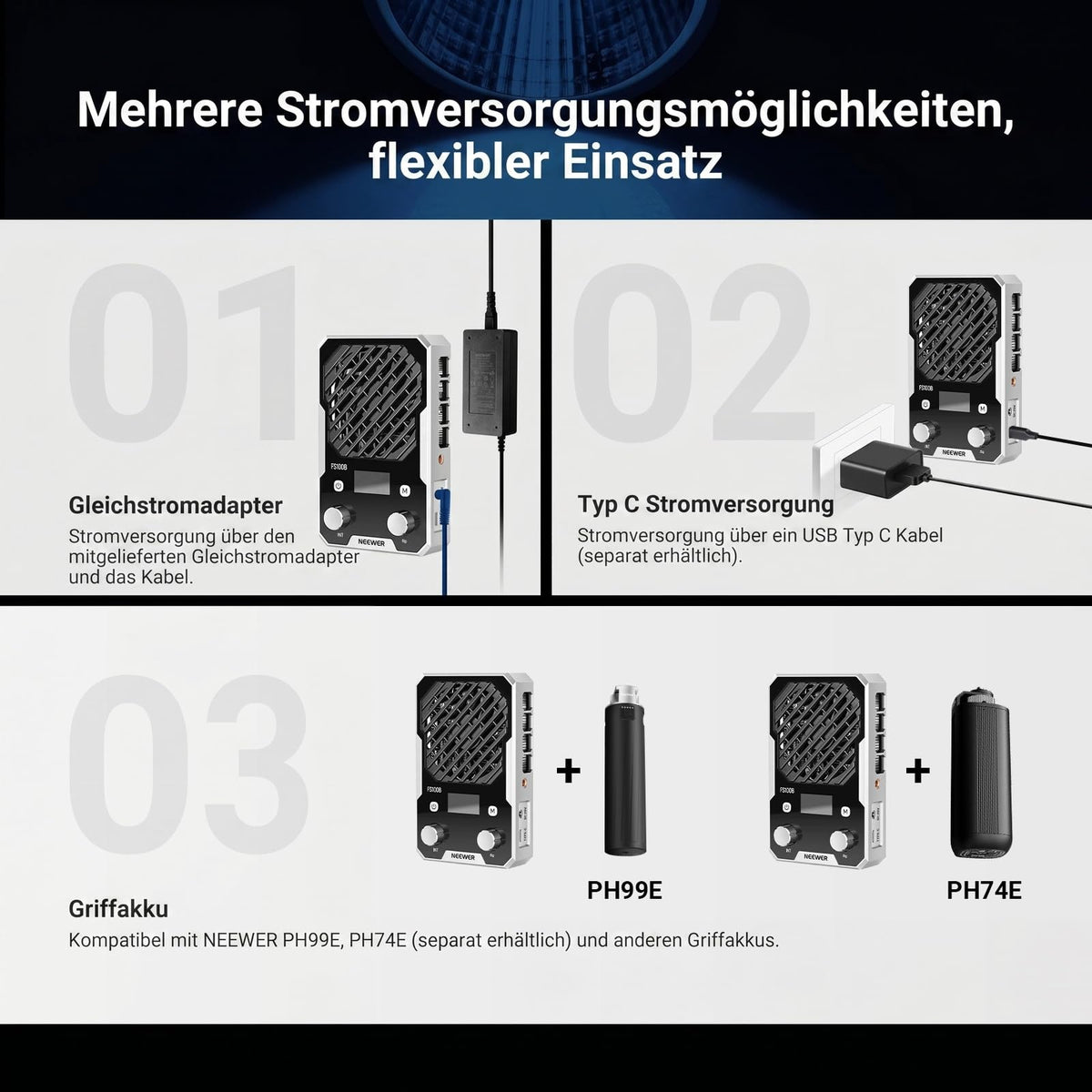 NEEWER 100W ultracompact LED Videolumină cu aplicație și control prin panou, lampă video bi-color COB de dimensiuni reduse cu putere constantă a luminii, 4 curbe de atenuare, 2700K–6500K, CRI 96+, FS100B