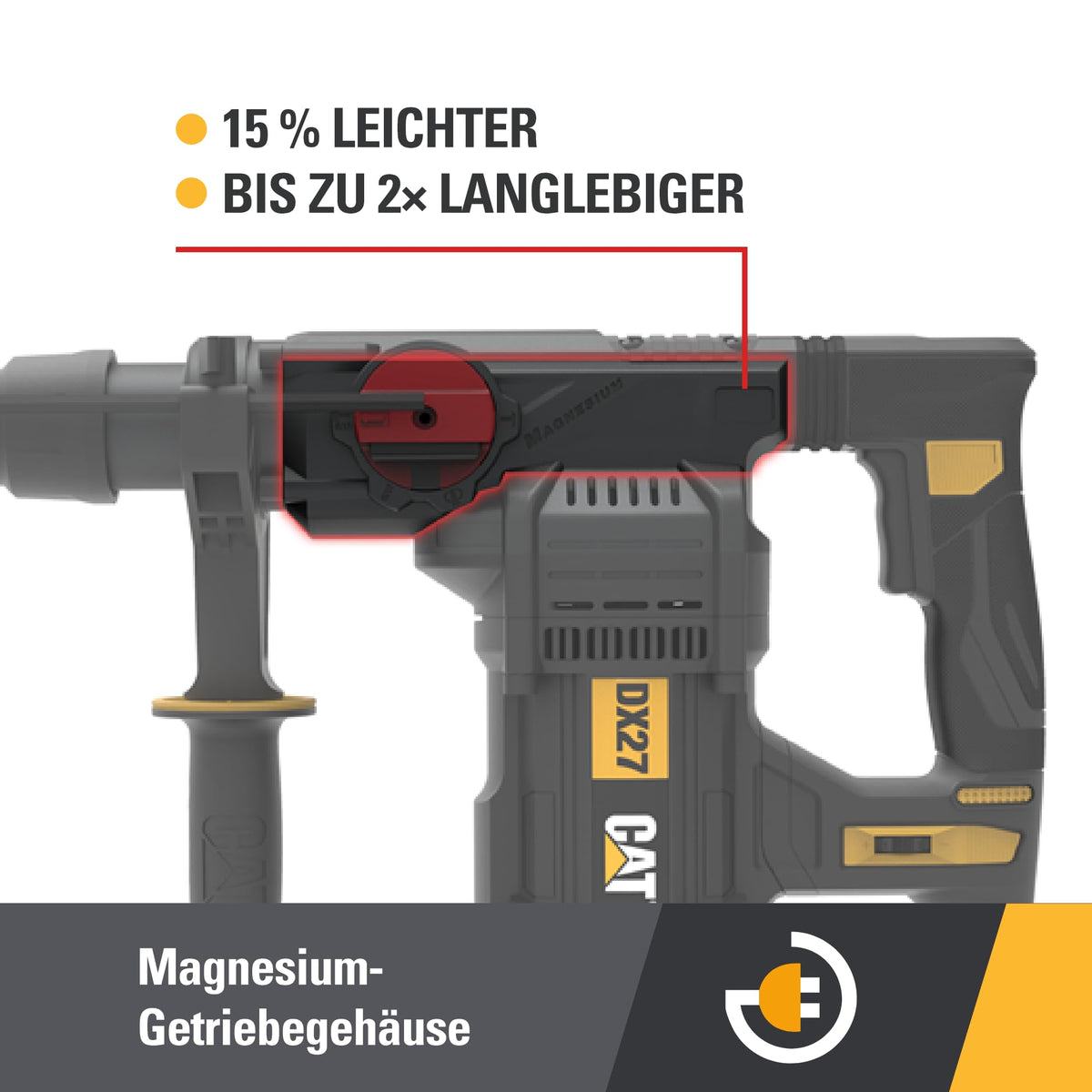 CAT DX27 Rotary Hammer 1500W, SDS-Plus, 5.0J Impact Energy, 32mm Drilling Capacity, 4 Functions, Anti-Vibration, Magnesium Gearbox (including Auxiliary Handle & Depth Stop) - DECATDX27