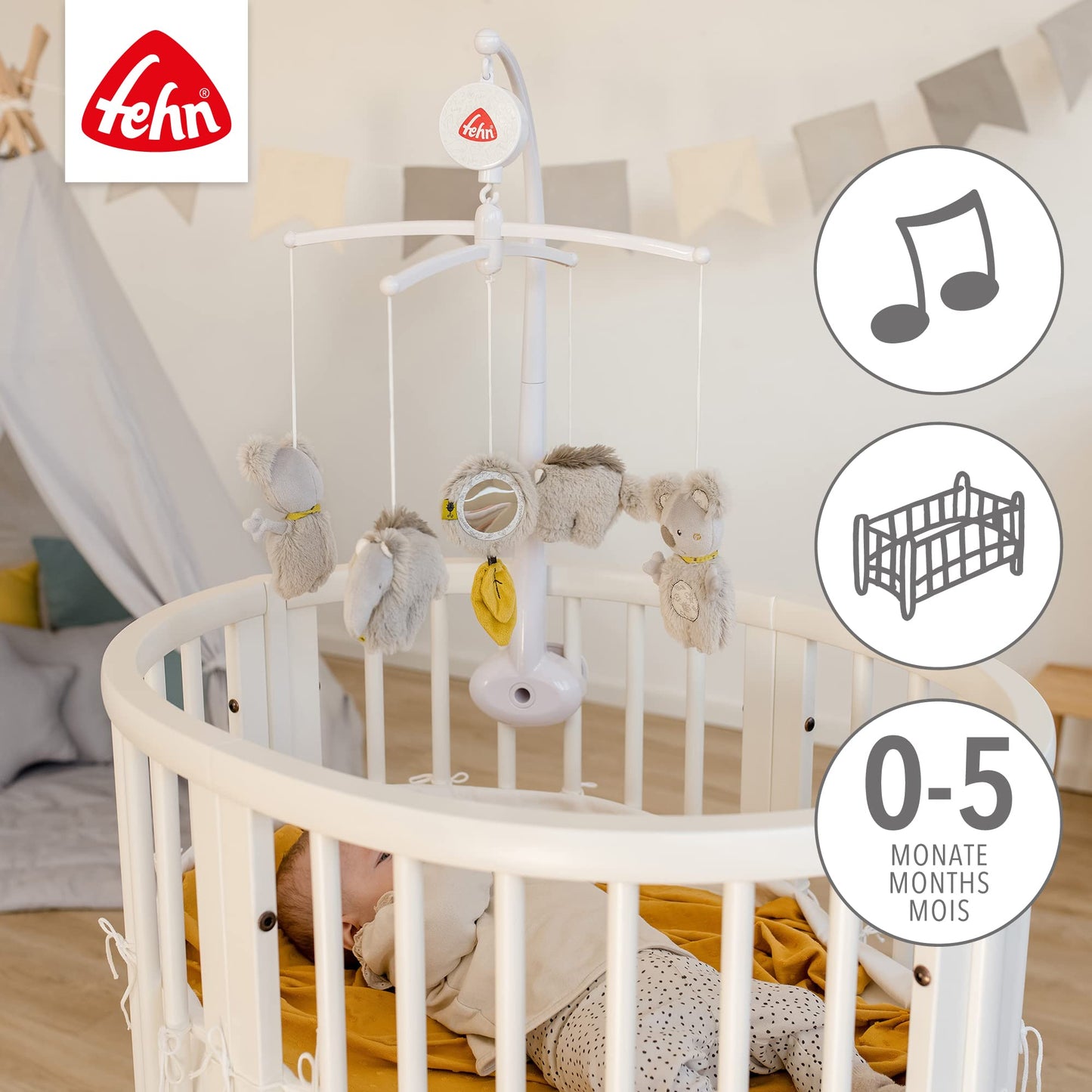 Fehn Music Mobile Australia - Baby Sleep Aid Music Toy with Cute Animals - Baby Mobile Music Box Melody "Brahms Lullaby" - Music Mobile Baby Bed Accessories Toy for Babies from 0-5 Months - 64070