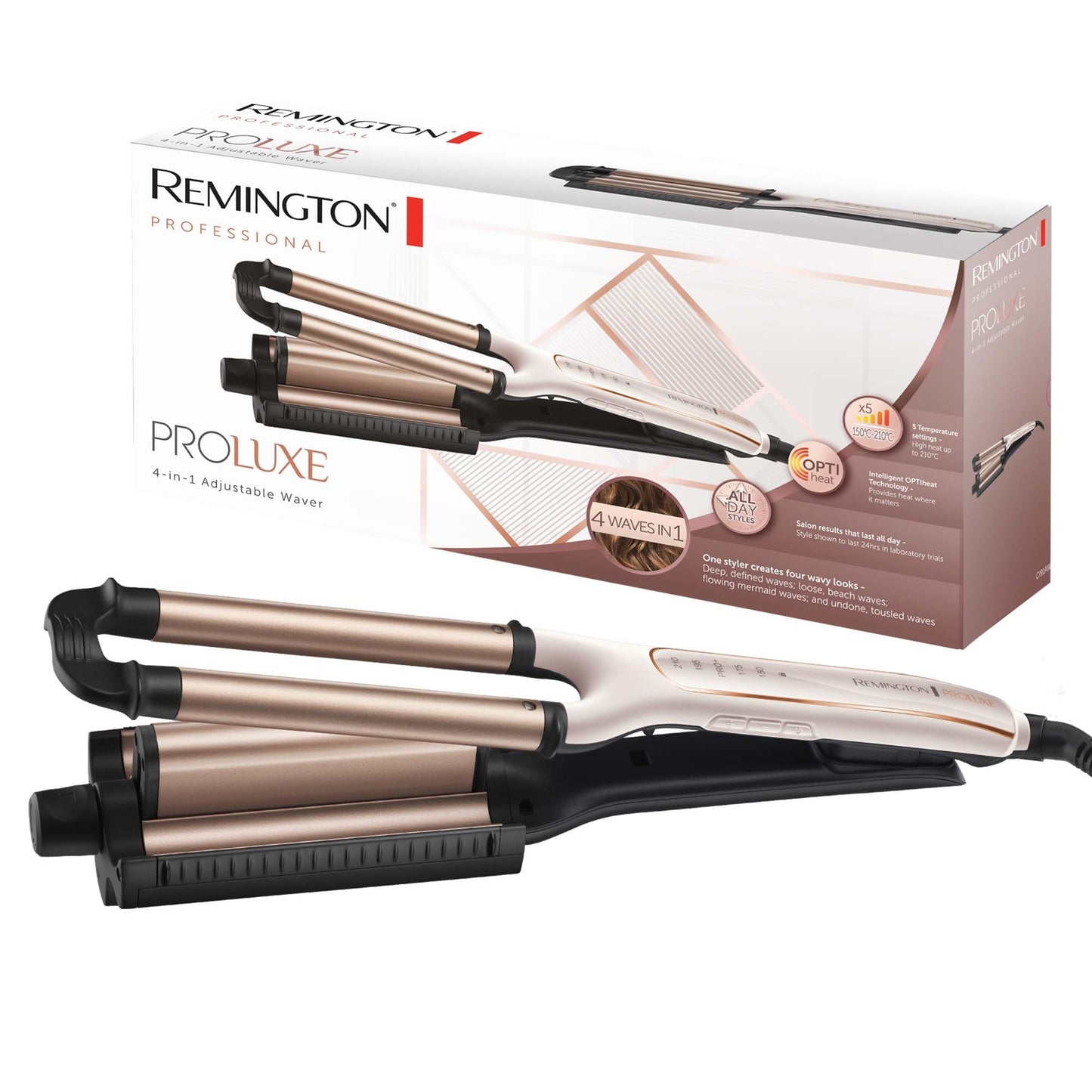 Remington wave iron [test winner] ProLuxe 4-in-1 curling iron: beach, natural waves, water waves, (digital display, temperature setting up to 210°C) crepe iron, multistyler CI91AW, white rose