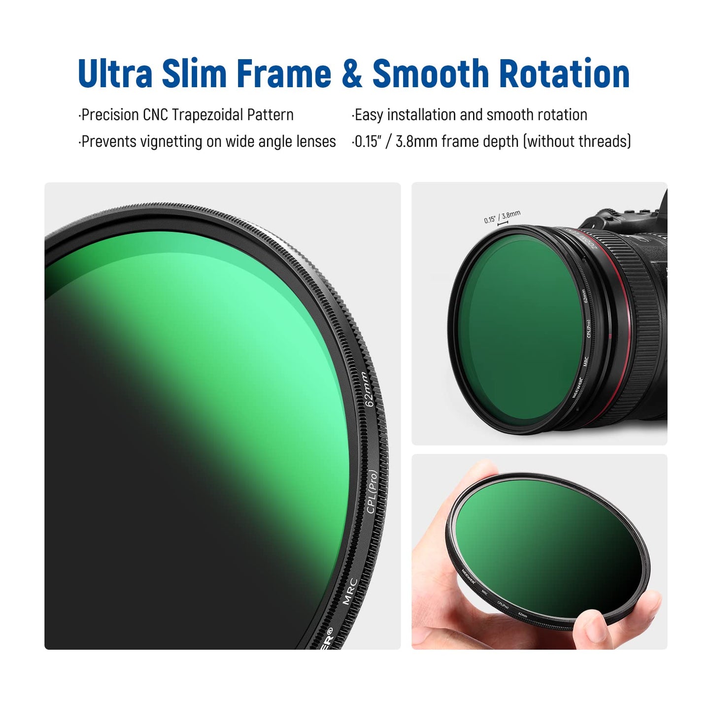 NEEWER 62 mm CPL polarization filter, ultra-thin, 30 layers of multi-resistant nano-coatings circular polarization filter, optical HD glass, reduces reflection glare, improves contrast - NW