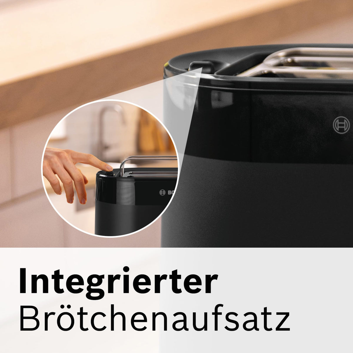 Bosch Compact Toaster MyMoment TAT2M123, integrated bun warmer, with defrost function, automatic shut-off, lift function, bread centering, perfect for 2 slices, 800 Watts, Matte Black