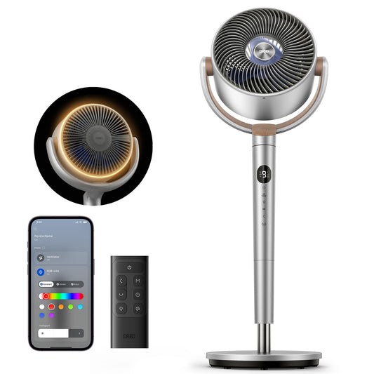 DREO Smart Pedestal Fan with RGB Light, 120° +120° Oscillating Fan with Remote Control, 20dB Quiet Floor Fan for Bedroom, 8H Timer, Silver - DR-HPF008S