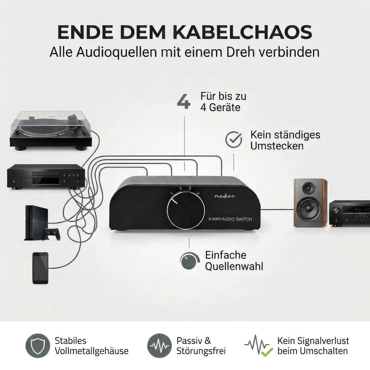 Nedis Audio Switch - Audio Switch - 4 Sources - 3x RCA and 1x 3.5 mm Jack Input - RCA Switch - Plug and Play - Aluminum - ASWI2424AT