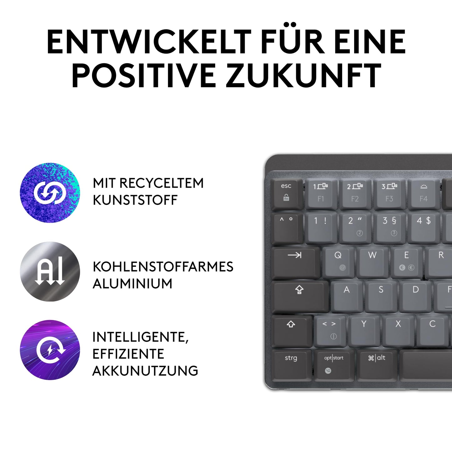 Logitech MX Mechanical Wireless Mini Keyboard with Lighting, Linear Keys, Backlit, Bluetooth, USB-C, macOS, Windows, Linux, Android, Metal, German QWERTY Layout - Graphite - 920-010772