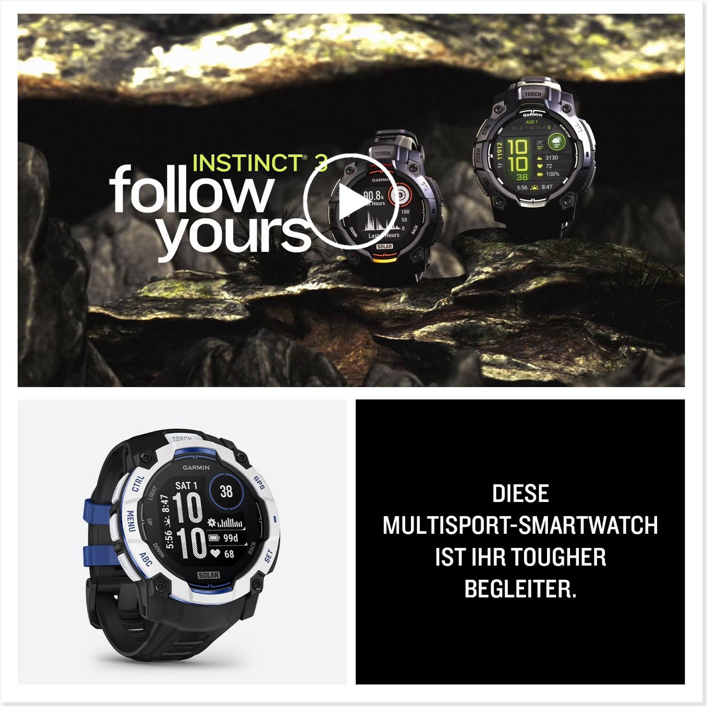 Garmin Instinct 3 50mm SOLAR - GPS multisport smartwatch, 1.1" display, up to 40 days battery life, 80+ sports apps, navigation function, smart features, LED flashlight, waterproof - 010-02935-03