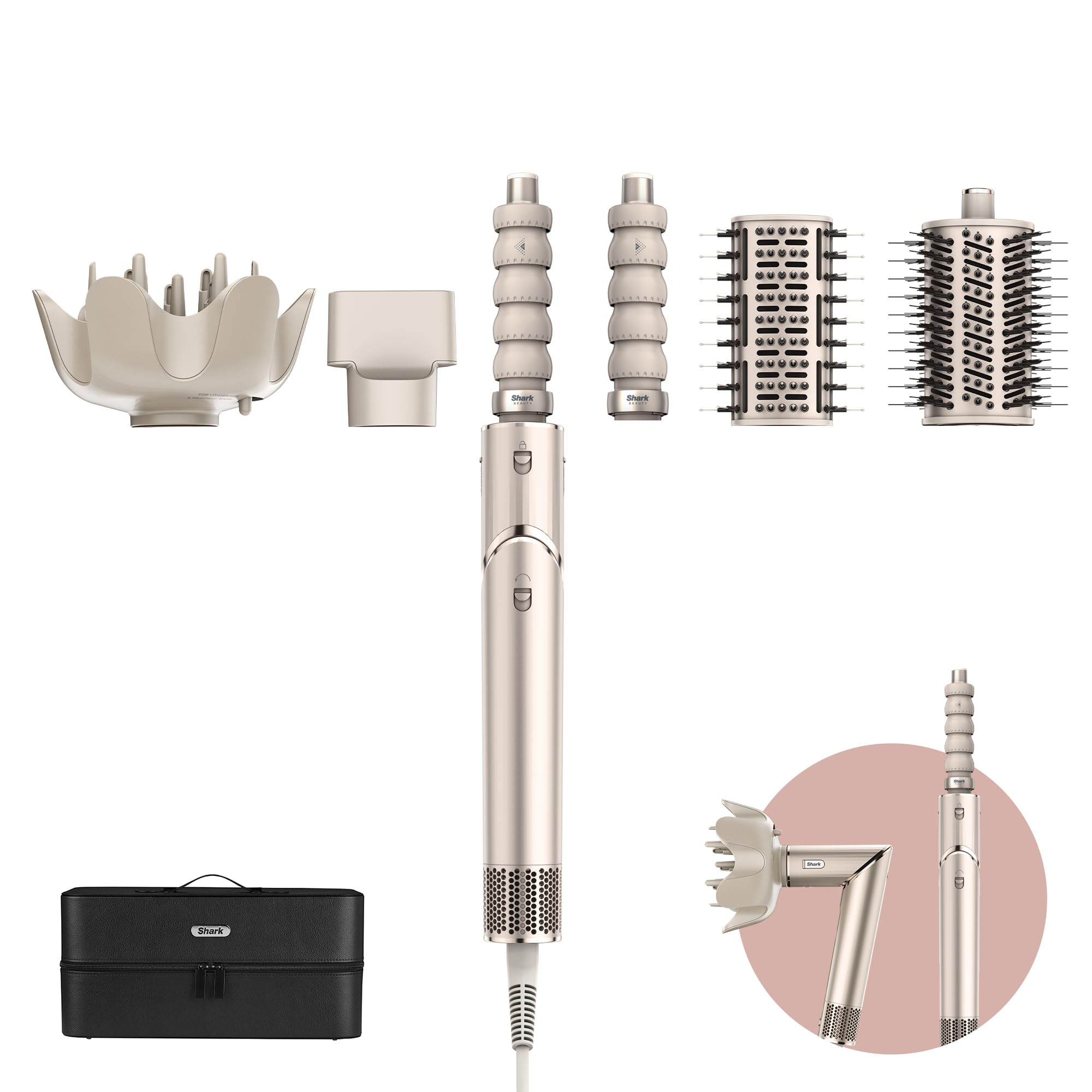 Shark FlexStyle 5-in-1 Air Styler & Hair Dryer, 1400W, Auto Wrap Curl Attachment, Paddle Brush, Oval Brush, Concentrator, Diffuser, Storage Case, No Heat Damage, Champagne HD446SLEU