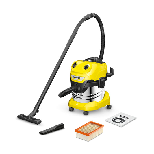 KÄRCHER WD 4 S V-20/5/22 Wet & Dry Vacuum Cleaner, 20 l stainless steel container, 1000 W, 5 m cable, 2.2 m suction hose, clip floor nozzle, "Pull & Push" locking system, Yellow - 1.628-260.0