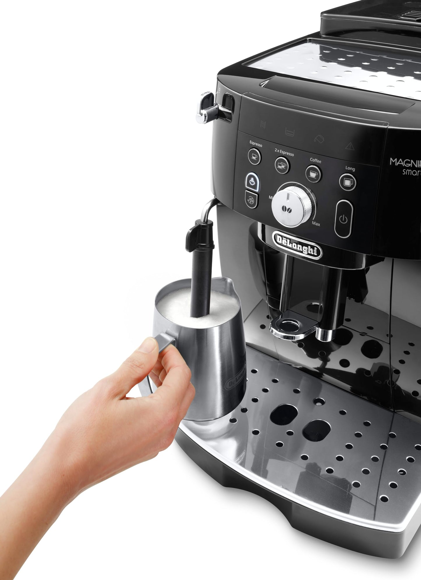 De'Longhi Magnifica S Smart ECAM 230.13.B fully automatic coffee machine with milk frothing nozzle for cappuccino, espresso, coffee and long coffee direct selection buttons and rotary control, 2-cup function, black