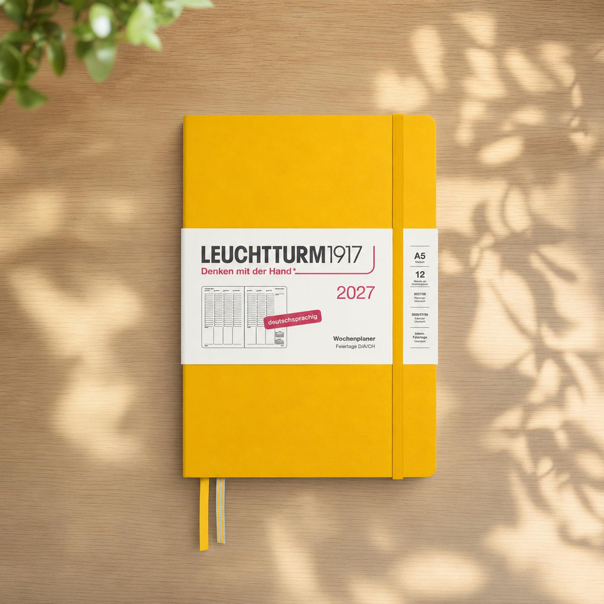 LEUCHTTURM1917 Weekly Planner 2027 Medium (A5) - German, Sunflower, 210 x 145 mm, January-December (12 months), weekly overview with hourly grid 7:00-22:00 per column, hardcover, 80 g/m² paper - 400148