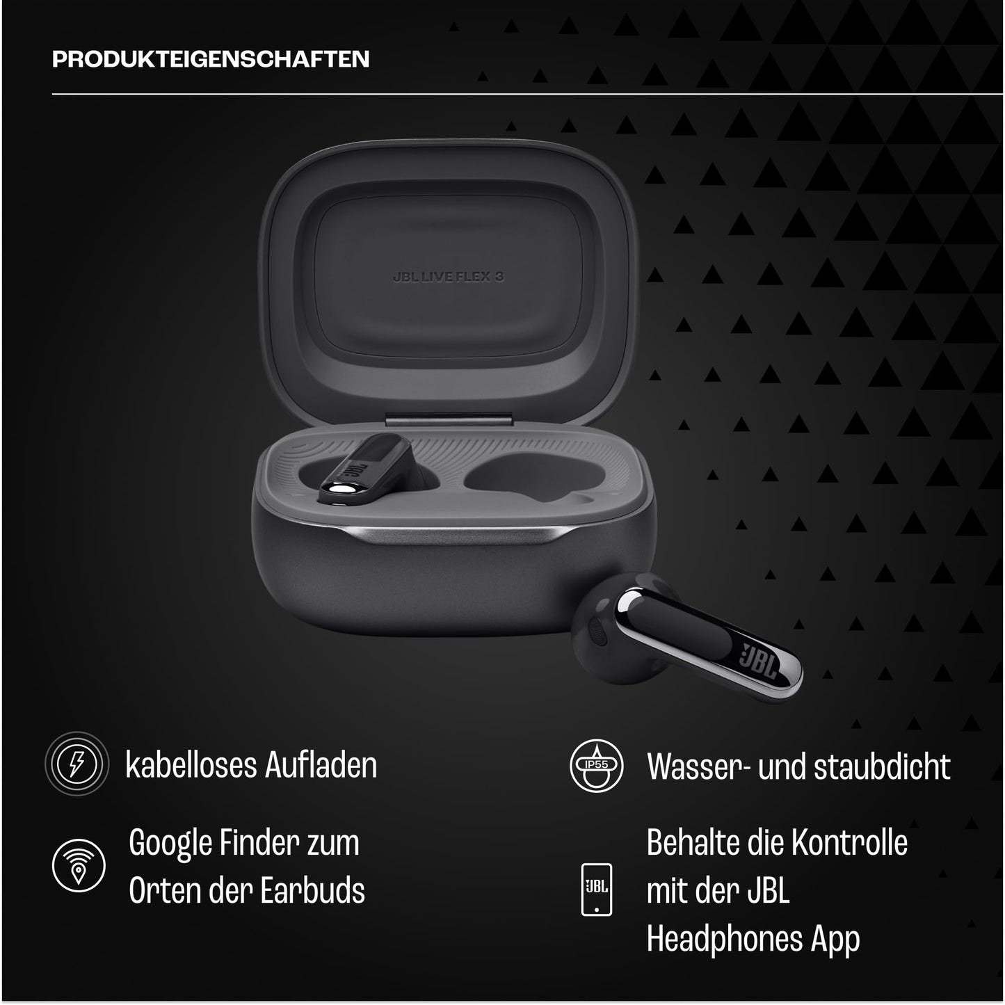 JBL Live Flex 3, wireless earbud headphones with Bluetooth, 50 hours of battery life, True Adaptive Noise Canceling and high-resolution JBL Signature Sound, IP54 waterproof, with earplugs, black - JBLLIVEFLEX3BLK
