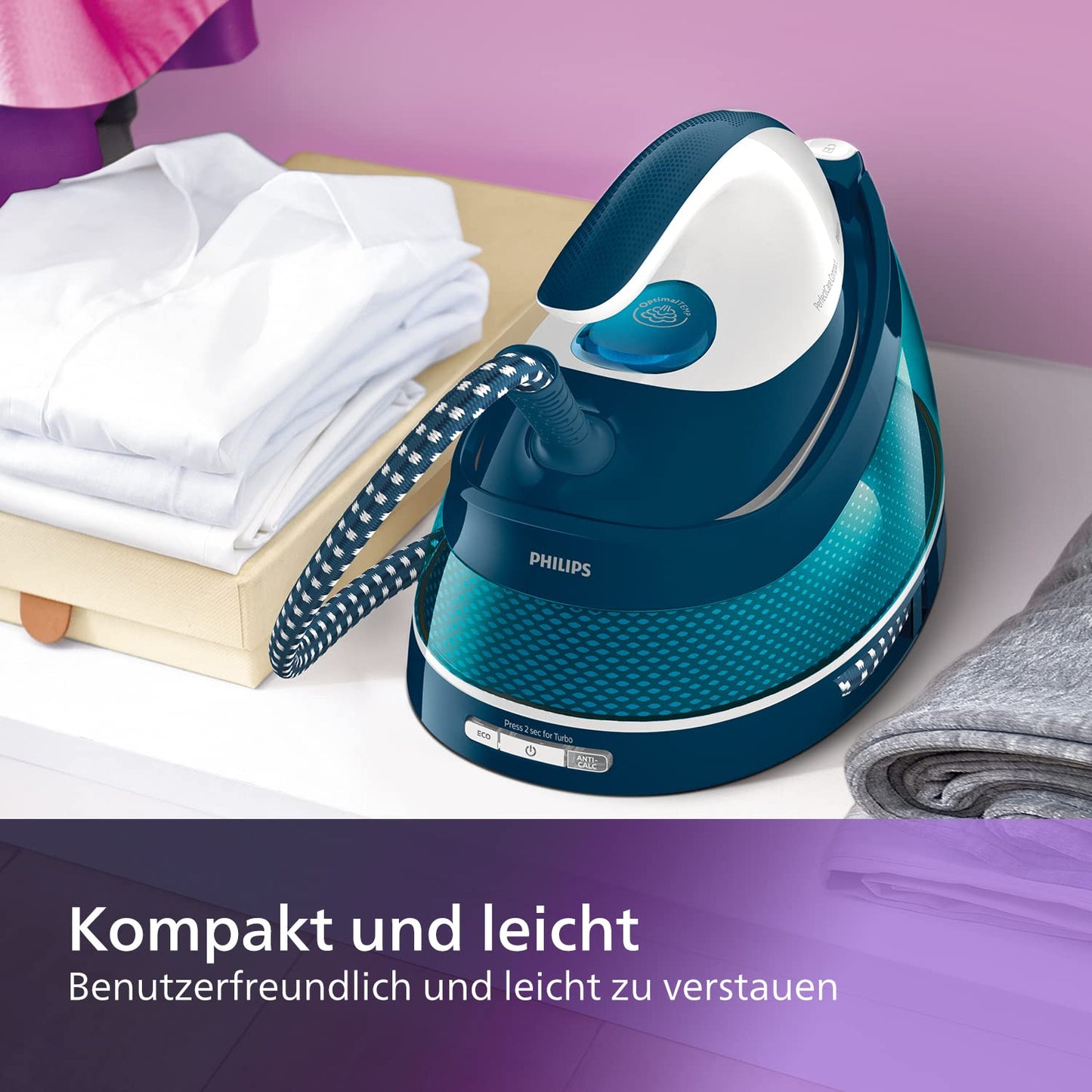 Philips Domestic Appliances Perfect Care Compact steam iron station - OptimalTemp technology, 120 g/min continuous steam, 2400 watts, 6.5 bar pressure, 1.5 L water tank, SteamGlide soleplate, blue (GC7844/20)