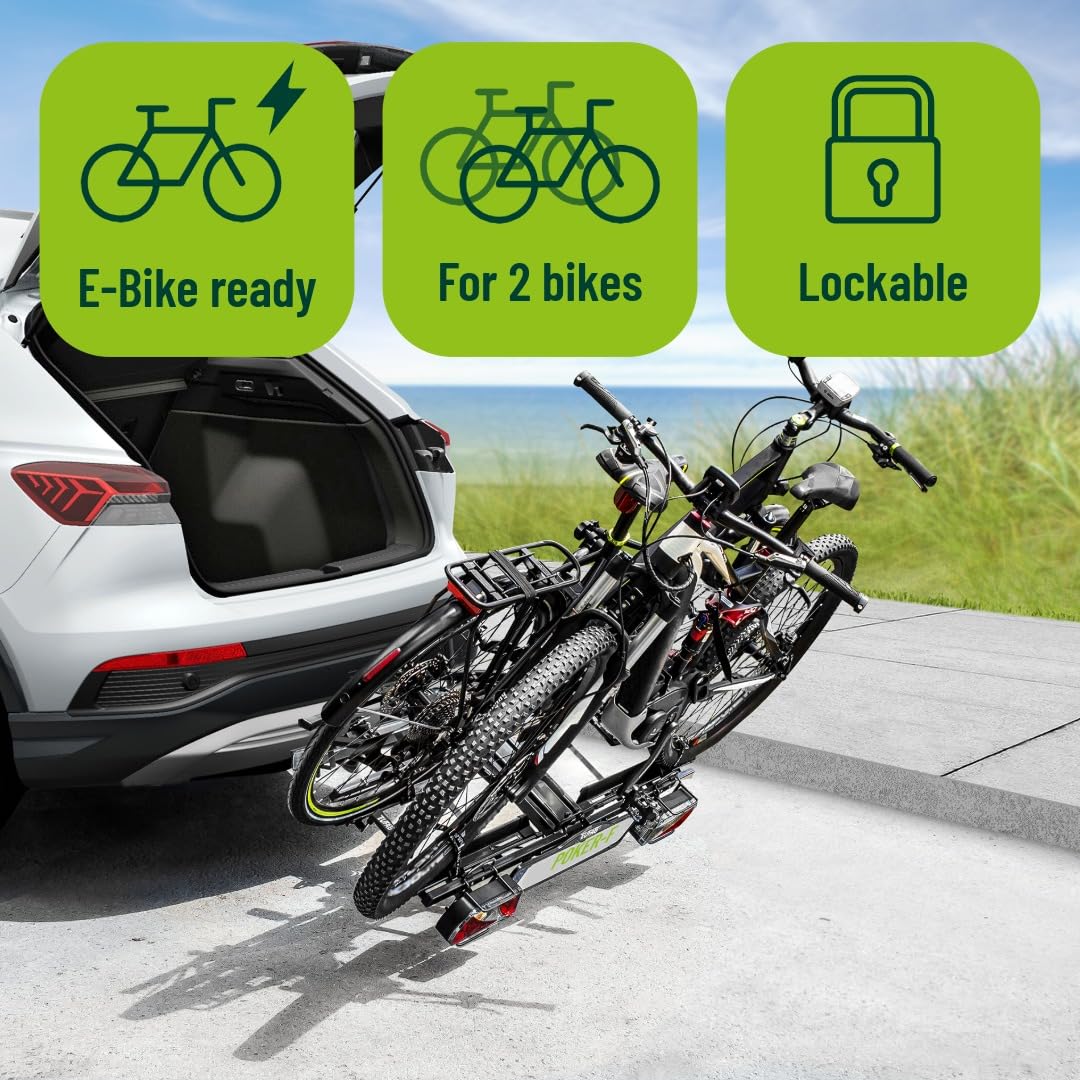 EUFAB 12010LAS bicycle carrier POKER-F, suitable for e-bikes, completely pre-assembled, anti-theft protection, for 2 bicycles, for trailer hitch, black, 142 x 70 x 58 cm