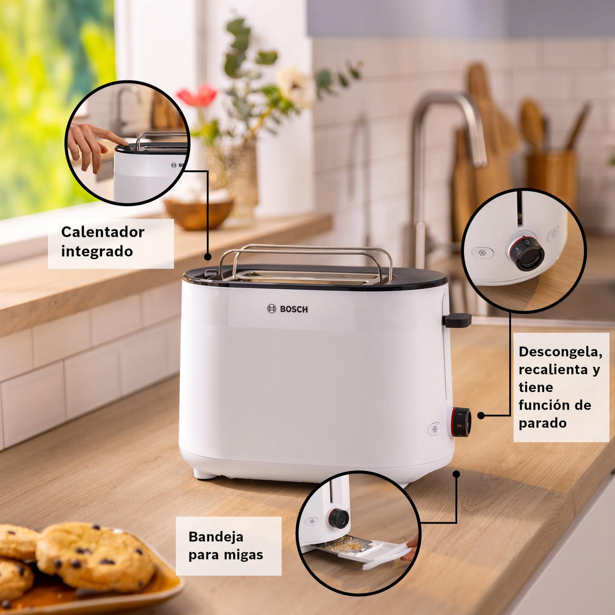 Bosch Compact Toaster MyMoment TAT2M121, integrated bun warmer, with defrost function, automatic shut-off, lift function, bread centering, perfect for 2 slices, 800 Watts, Matte White