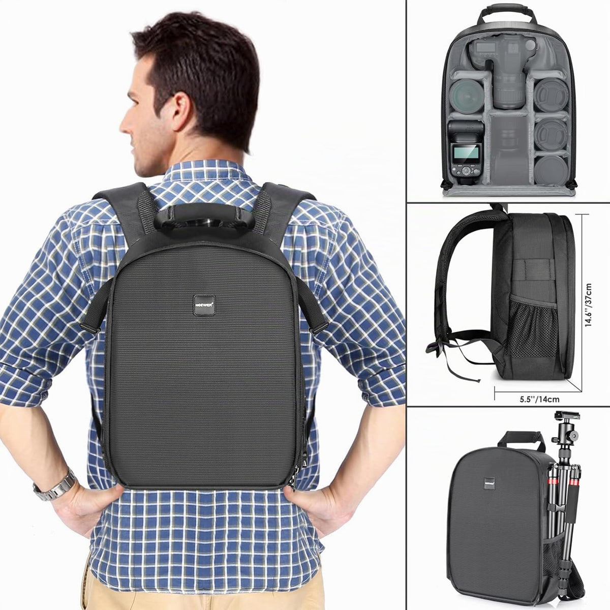 NEEWER Flexible Divider Camera Padded Backpack Bag 30x14x37 cm Shock-Insert Protection for SLR DSLR Mirrorless Cameras and Lenses, Flash, Wireless Trigger and Other Accessories (inside gray) - 66600217