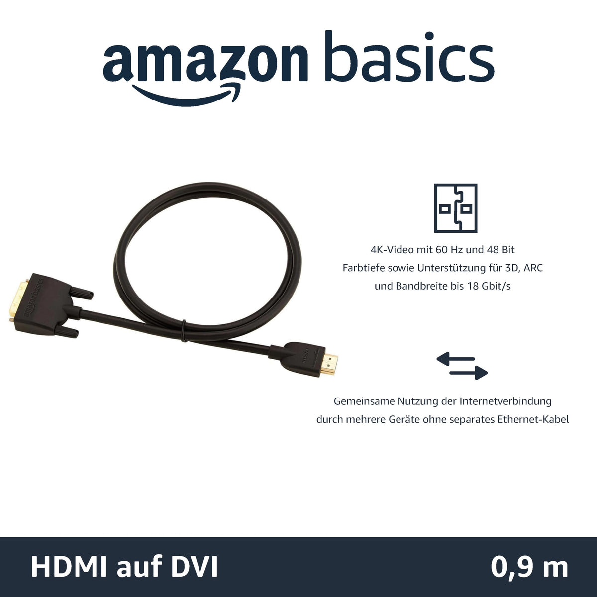 Amazon Basics DVI to HDMI Cable 4K Video with 60Hz and 48 Bit, Bidirectional, Gold-Plated, 0.9m, 10-Pack, Black - UL8U_10