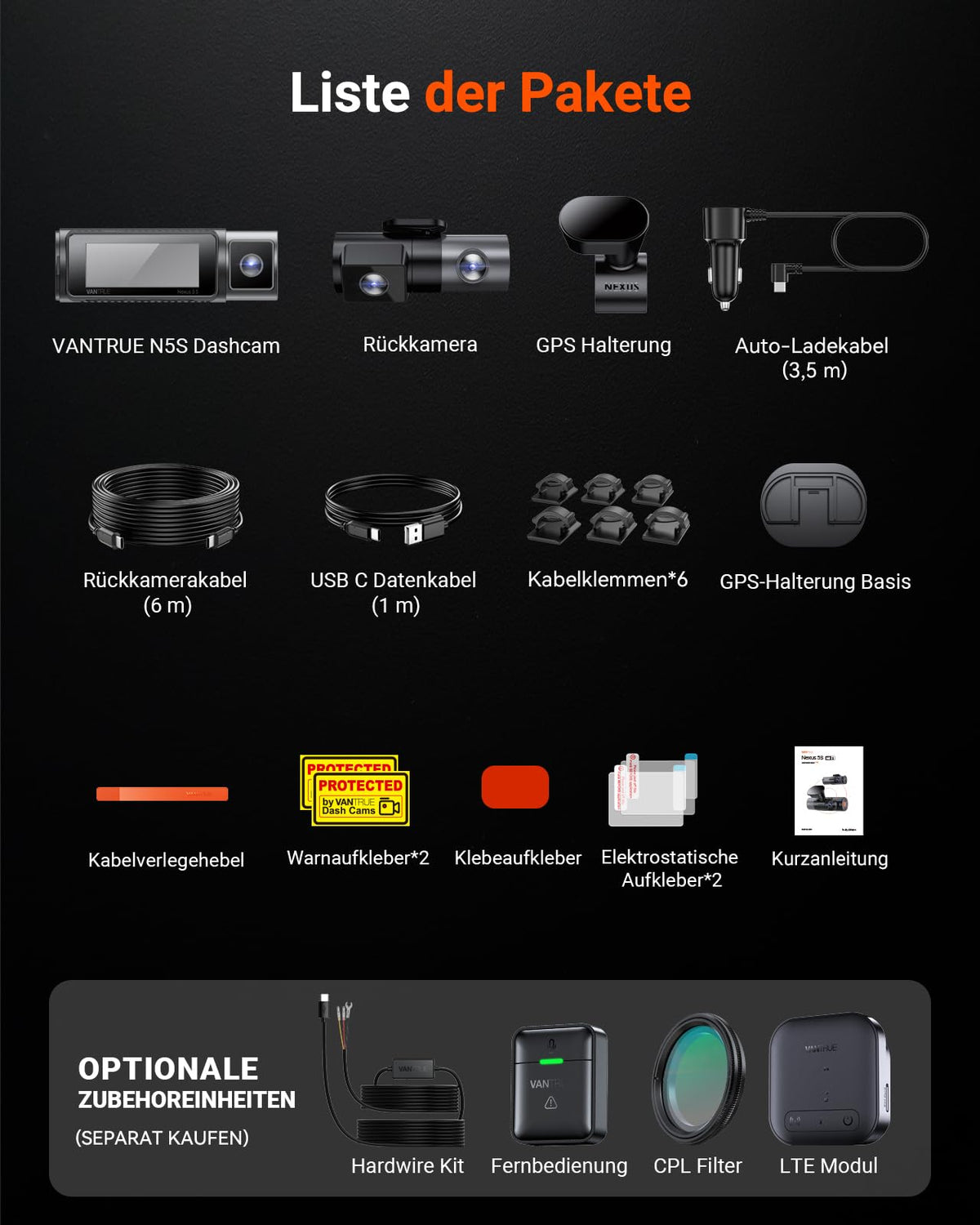 VANTRUE N5S Dashcam Auto STARVIS 2, 2.7K+1080P*2+1440P Față Interior Spate