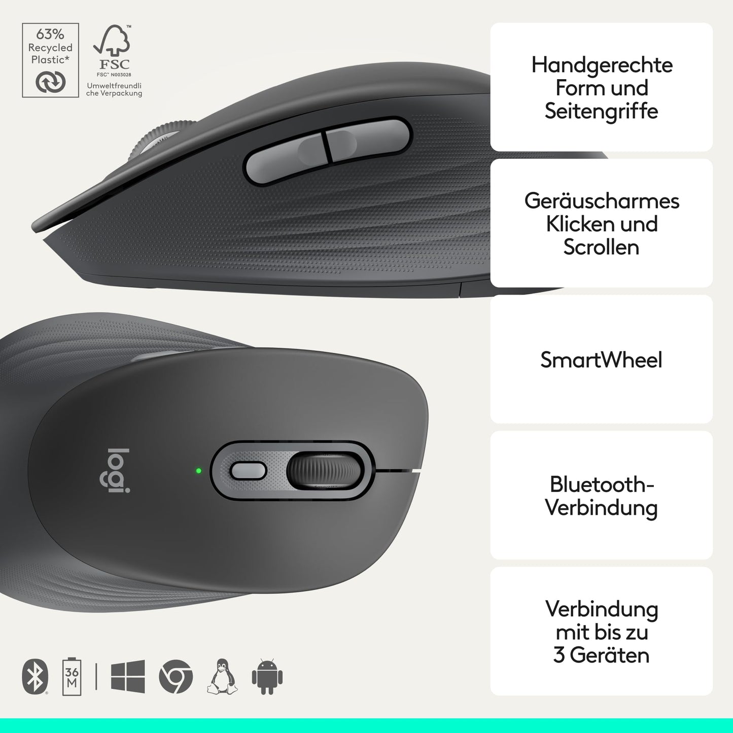 Logitech Signature Comfort M840 L Wireless Mouse is a Bluetooth mouse with silent clicks, SmartWheel, customizable buttons and multi-device compatibility for Windows, macOS and iPadOS - Graphite - 910-007717