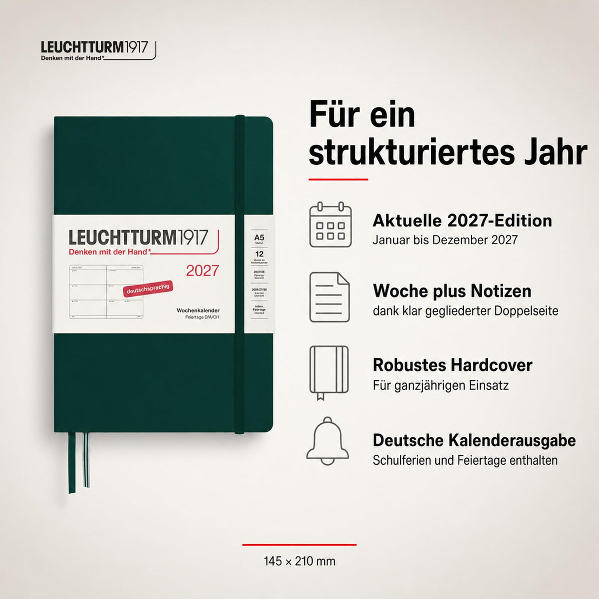 LEUCHTTURM1917 Calendar săptămânal 2027 Mediu (A5) - Germană, Verde pădure, Hardcover, 12 luni - ianuarie-decembrie 2027, 1 săptămână pe pagină dublă, hârtie de 80 g/m² cu compatibilitate ridicată cu cerneală - 400106