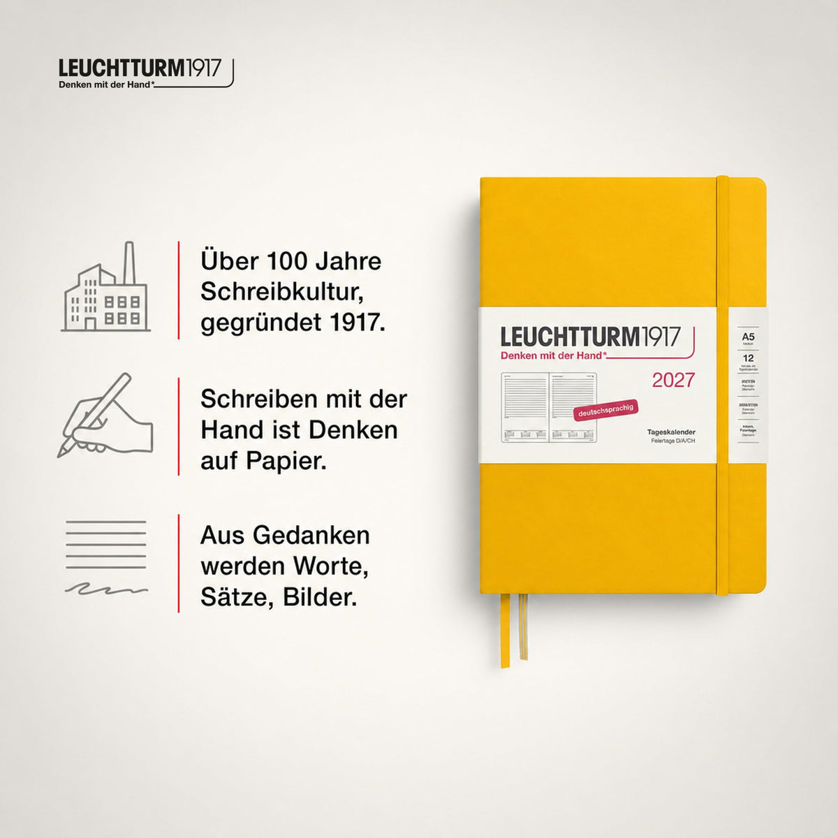 LEUCHTTURM1917 Daily Calendar 2027 Medium (A5) - German, Sunflower, 145 x 210 mm, January-December (12 months), 1 page per day, hourly grid 7:00 a.m. - 10:00 p.m., hardcover, 80 g/m² paper - 400160