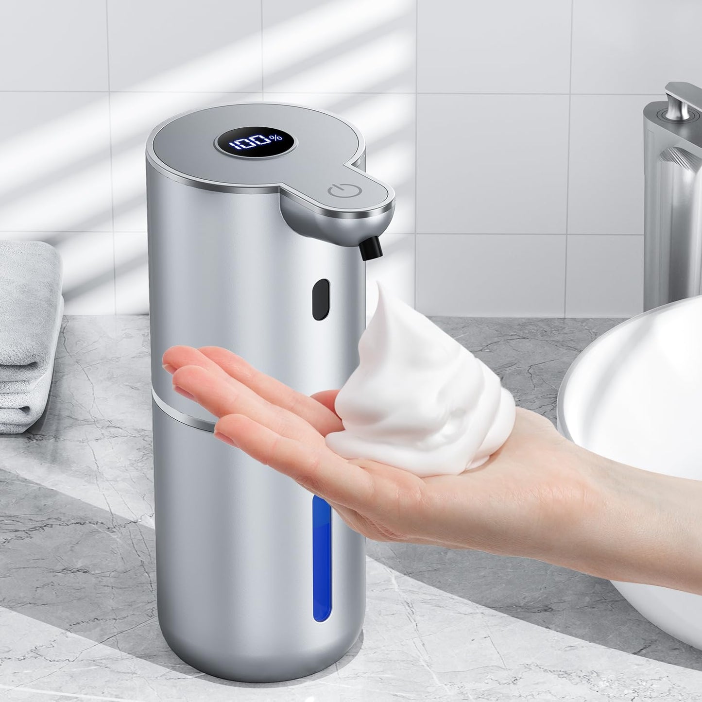 Soap dispenser automatic with digital display, 380 ml electric soap dispenser with sensor, wall mounting, contactless, USB rechargeable IPX5 waterproof foam soap dispenser for bathroom, kitchen - P18