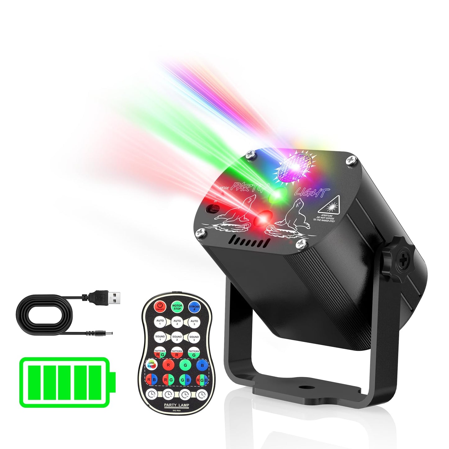 Tyonto Wireless Disco Ball Party Light 4500 mAh Battery Music Controlled Disco Light Party Light 60 Different Patterns Strobe Effect with Remote Control and 2M USB (Battery Version, Black) - 60-BT