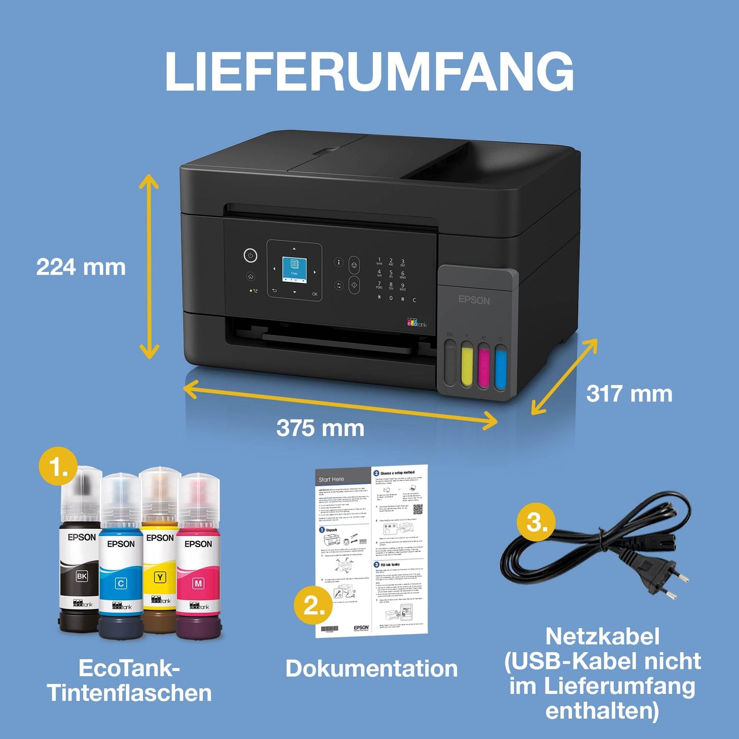 Epson EcoTank ET-4900 | Wi-Fi and Ethernet | A4 | Print, Copy, Scan, Fax | LC display | Automatic document feeder for 30 pages | Compact | Contains ink for up to 3 years