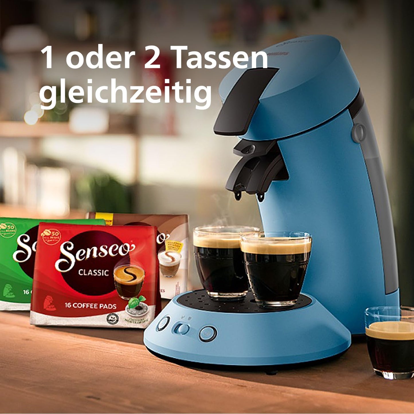 Philips Senseo Original Plus coffee pod machine, coffee strength selection, Coffee Boost technology, recycled plastic, Blue Pavone (CSA210/00)